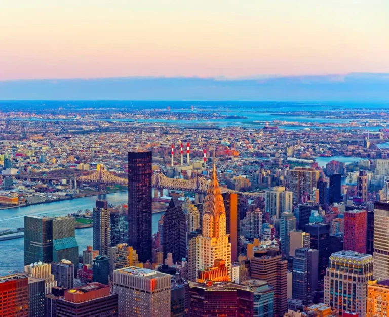 aerial panoramic view midtown district Manhattan New York east river Queensboro bridge